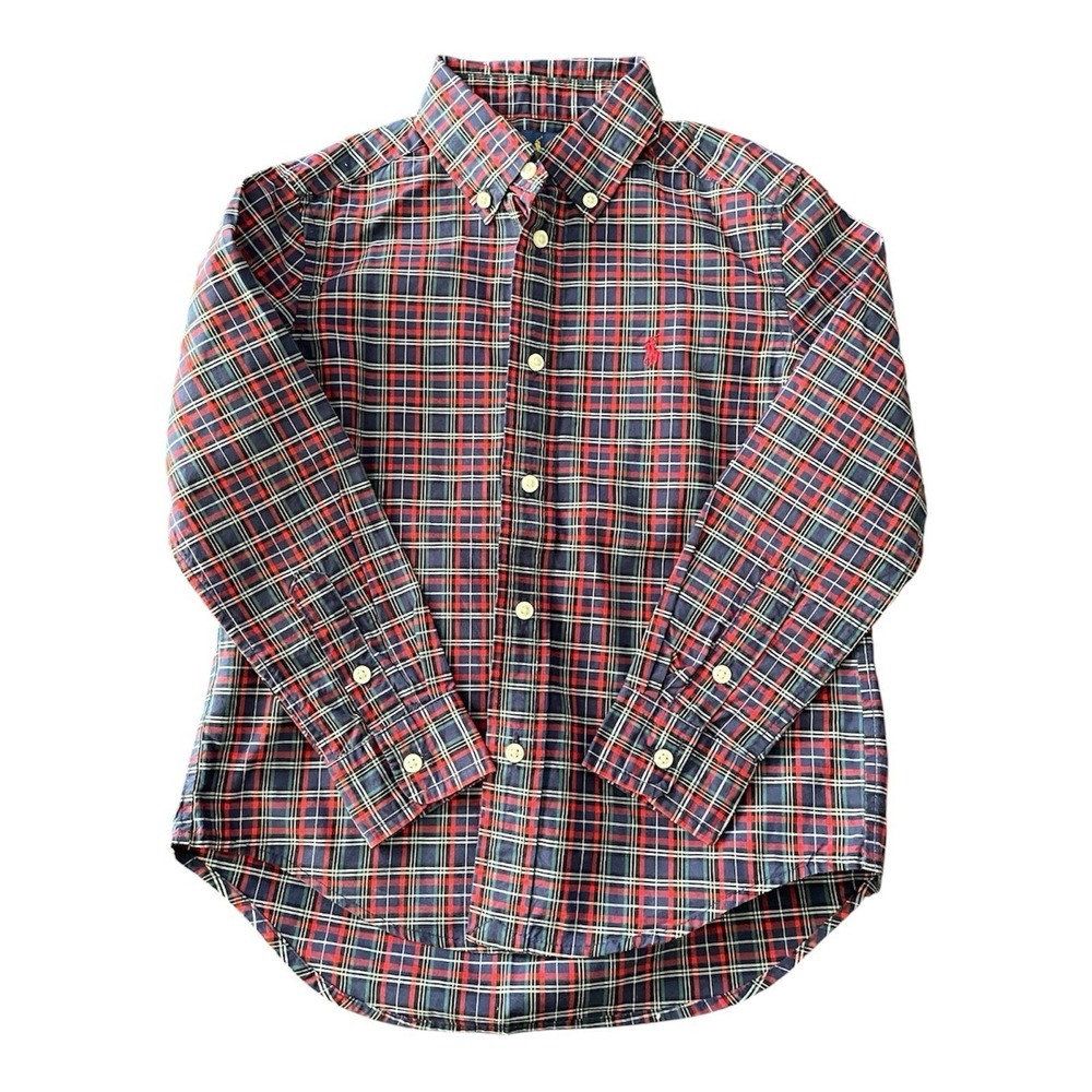 Polo Ralph Lauren Boy Size 5 Plaid Button Down Shirt Navy Red Long Sleeve Cotton - Picture 2 of 11
